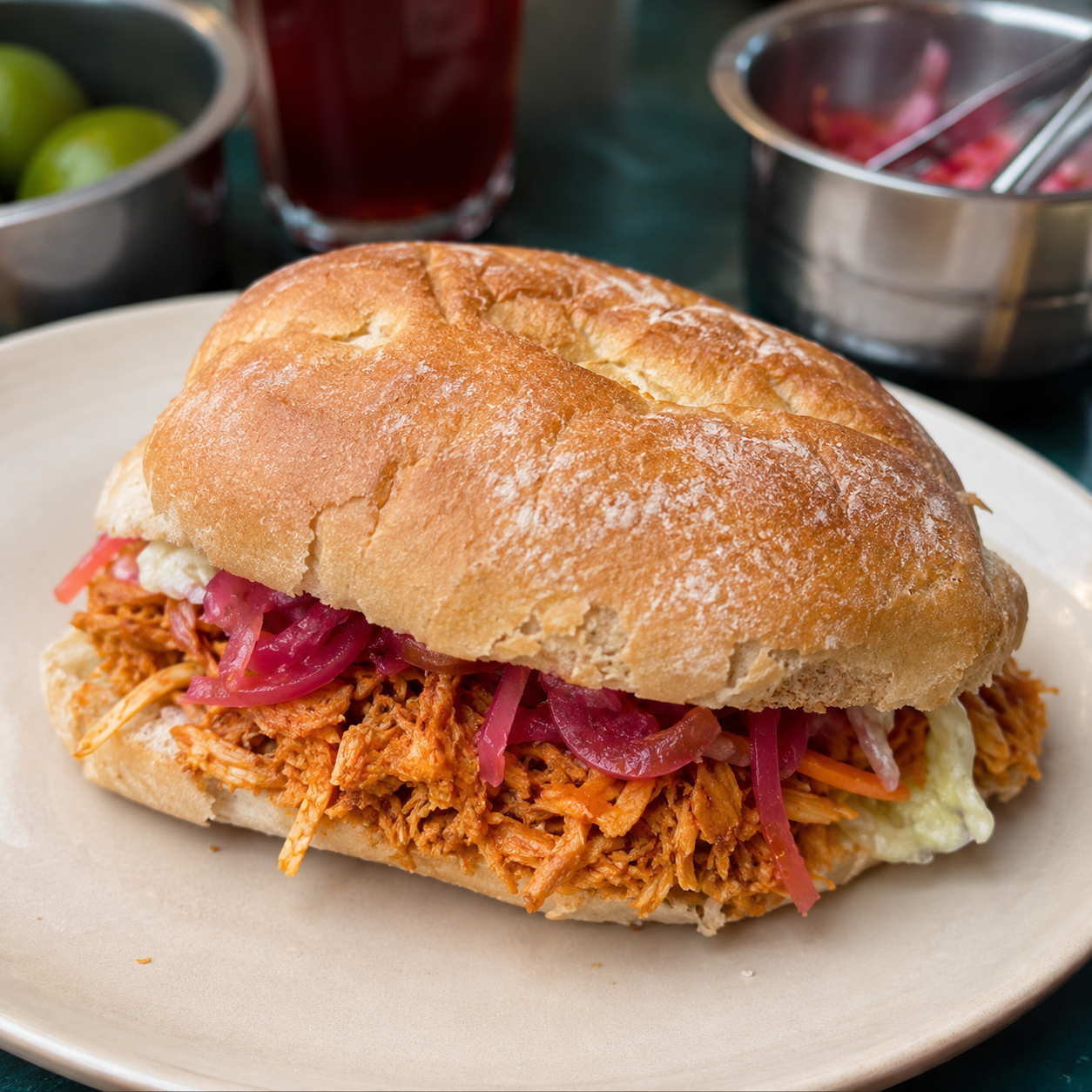 Torta rellena de carne deshebrada y cebolla morada